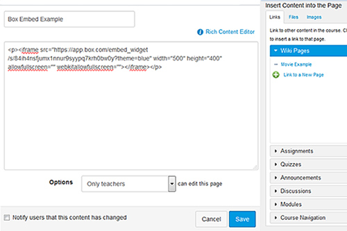 Paste the Box folder embed code in the HTML view of a Canvas Page.